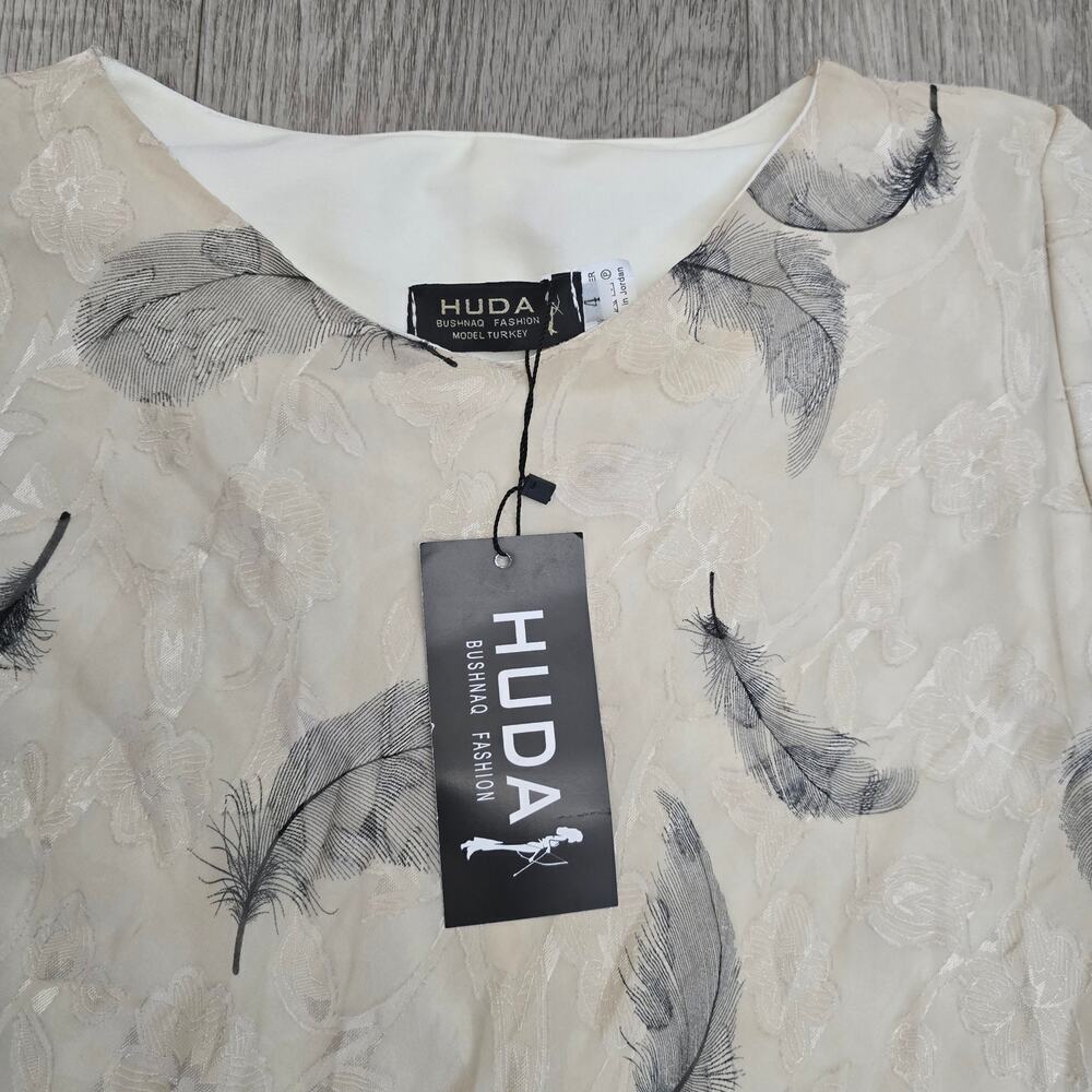 HUDA Feather Print Chiffon Maxi Dress 4 Modest Boho Tiered Beige Elegant Resort - Picture 8 of 12